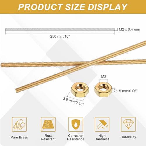 uxcell Brass Fully Threaded Rod, M2x0.4mm Pitch Right Hand Threads Studs with Solid Brass Hex Nuts, 250mm/10 Long Threaded Screw Rods Fasteners for Anchors Bolts Hangers Clamps - size: M2x0.4mmmm250mm
