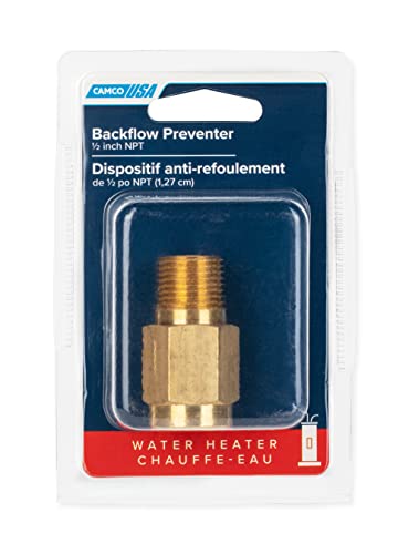 Camco RV Water Heater Backflow Preventer - Features a Heavy-Duty Brass with a Stainless Spring Construction and a 1/2"-14 NPT Male x 1/2"-14 NPT Female (23303)