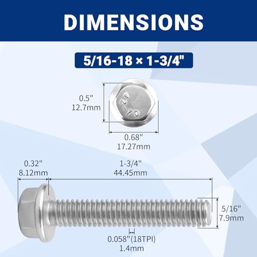 10pcs 5/16-18 x 1-3/4" Flange Hex Head Bolts (Non-Serrated), 304 SS - size: 5/16-18 x 1-3/4