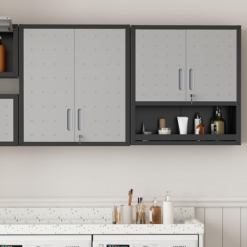 Garage Wall Cabinet with 2 Locking Doors Metal Storage Cabinet - color: Black/Gray, style: 2 doors wall cabinet
