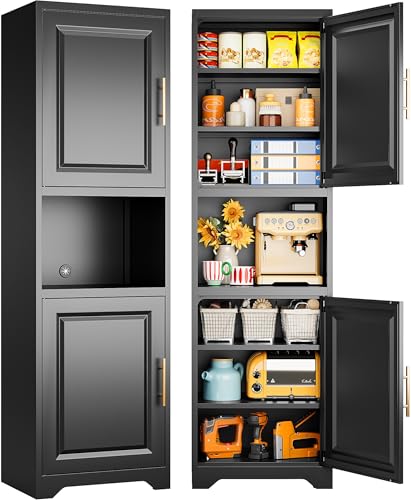 SISESOL 67" Tall Narrow Storage Cabinet with 2 Door and 7 Shelves,Slim Kitchen Pantry Cabinet,Black Metal Bathroom Cabinets,Large Cupboard for Home,Kitchen,Laundry,Bathroom - color: Black, size: 20"W