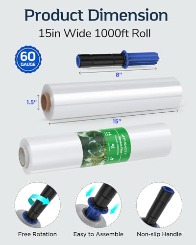 FugaCity Shrink Wrap-2 Rolls with Handles 15 inch W 1000ft L Heavy Duty Stretch Wrap,60 Gauge 500% Stretch Industrial Strength - size: 2 Pack(with Handles)