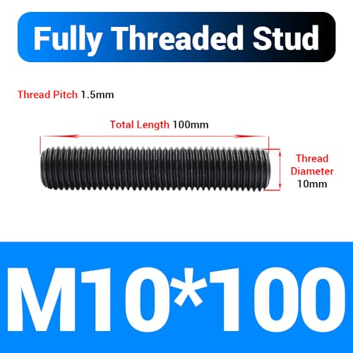 10pcs M10*100mm Fully Threaded Stud, Grade 8.8 Carbon Steel Black Oxide Finish Long Threaded Rod Bar for Furniture Industrial Maintenance Connection Fasteners - size: M10*100-10PCS