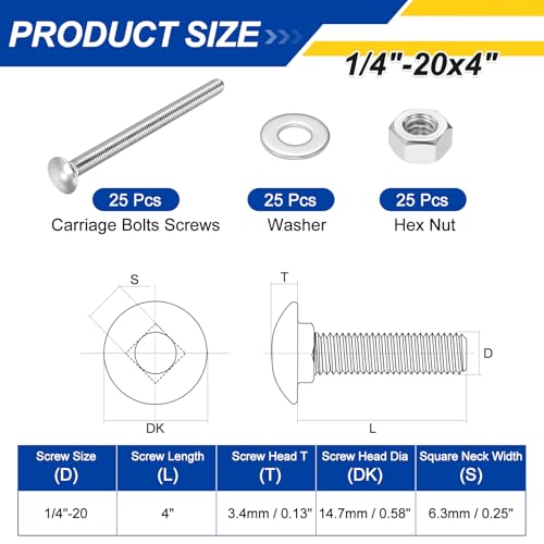 25Set 1/4"-20x4 Carriage Bolt 304SS, Silver - color: Silver, size: 1/4"-20x4