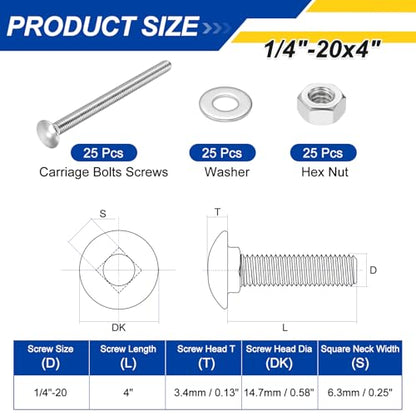 25Pcs 1/4"-20x4 Carriage Round Head Square Neck Bolt 304SS - color: Silver, size: 1/4"-20x4