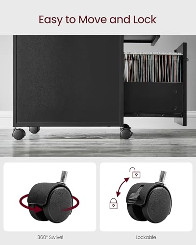 VASAGLE 2 Drawer File Cabinet with Lock, Rolling Printer Stand - color: Ink Black, size: with Lock and Fences