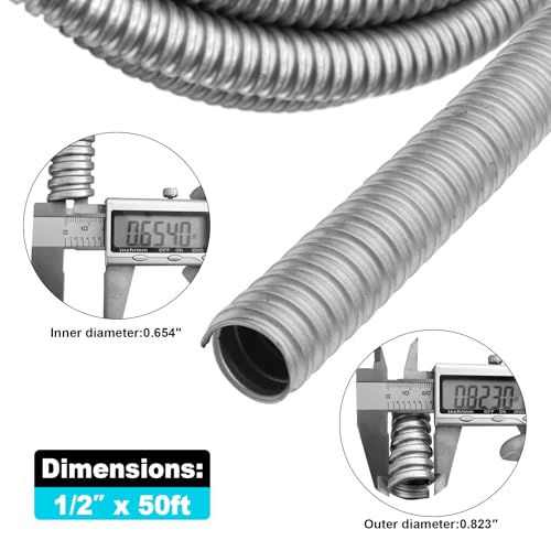 1/2 inch x50ft Flexible Electrical Conduit - Galvanized Steel Greenfield Flex Metal Conduit for Exposed Wiring, AC Connections & Industrial Cable Protection - size: 1/2 inch x50ft