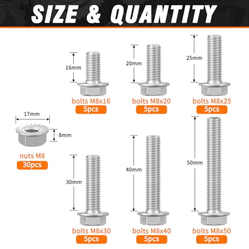 M8 Bolts and Nuts Assortment, 304 SS Flange Hex Bolts Flange Nuts 60pcs - color: Stainless Steel, size: M8