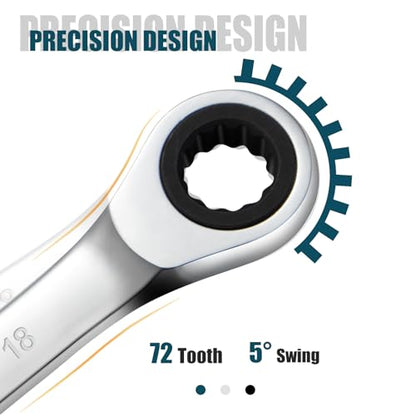SORAKO 18mm Ratcheting Combination Wrench, Chrome Vanadium Steel Gear Wrench, Industrial Grade Cr-V Steel Gear Spanner, Household Garage Tools(Metric) - style: 1-18mm Metric