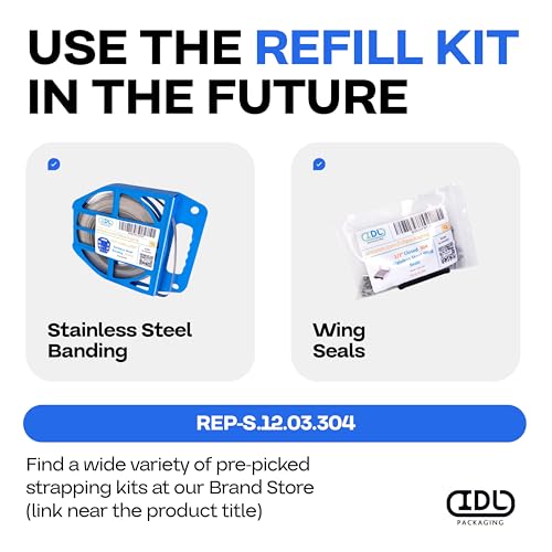 IDL Packaging 1/2" Stainless Steel 304 Banding Kit – Heavy-Duty Banding Tool + 1/2" x 0.03" x 100' Stainless Steel 304 Banding Coil + 100 Stainless Steel Wing Seals - size: 1/2" x 0.03" x 100', style: SS 304 + Seals