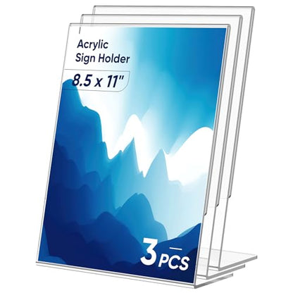 3 Pack Acrylic Sign Holder 8.5x11 Inches, L-Shape Flyer Holder Stand