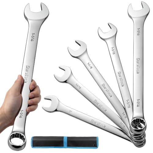 DURATECH Long Pattern Combination Wrench Set, SAE, 5-Piece, 1" to 1-1/4", 12 Point, CR-V Steel, with Rolling Pouch - size: SAE(1" to 1-1/4")