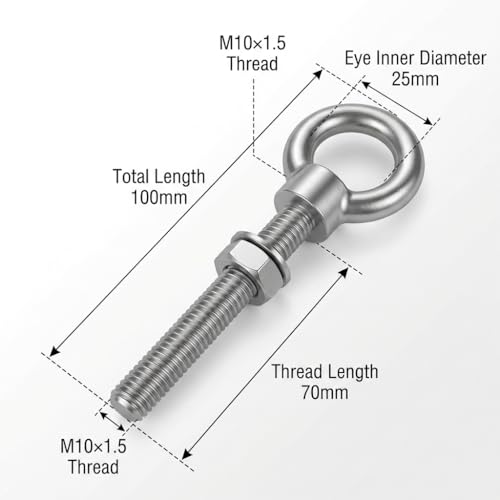 QWORK M10×100mm Stainless Steel Shoulder Eye Bolts – 20 Pack 3/8" x 4" Threaded Eyebolts, Metric Thread Anchors for Lifting, Rigging & Mounting - color: 20 Pack, size: 3/8" x 4"
