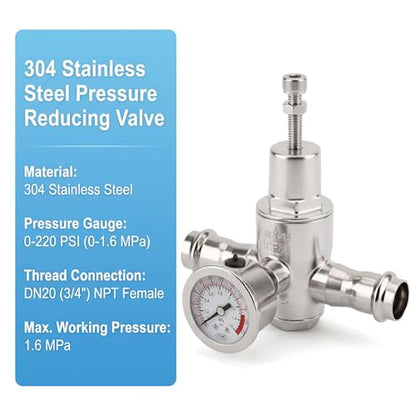 MEANLIN MEASURE 3/4" Press Fit Water Pressure Reducing Valve, DN20, 304 Stainless Steel Adjustable Pressure Regulator with 0-220 PSI Gauge, for Plumbing, Industrial Water Pipe System - size: 0.75 Inch