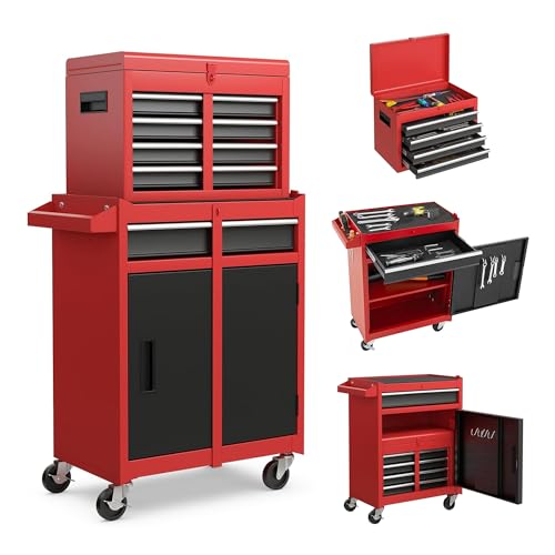 Tool Chest, 5-Drawer Rolling Tool Storage Cabinet with Detachable Top Tool Box, Liner, Universal Lockable Wheels, Adjustable Shelf, Locking Mechanism, Metal Tool Cart for Garage Workshop - color: 5-drawer Red-b