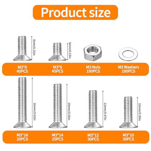 570 Pcs M3 Screws Set, Metric Screw Assortment, Metric Machine Screw Assortment, Countersunk Bolts and Nuts Set, 304 Stainless Steel Flat Head Hex Socket Cap Screws Bolts with Washers - size: M3