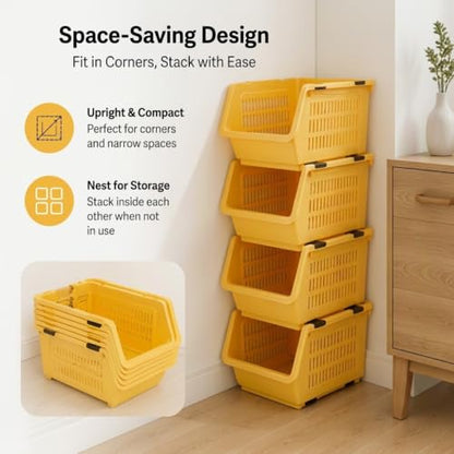 4 Pcs Open Front Stackable Storage Bins, PP Stacking Organizer Baskets with Rolling Wheels, Telescopic Buckles, Nestable, 38.58lbs Load - color: Yellow