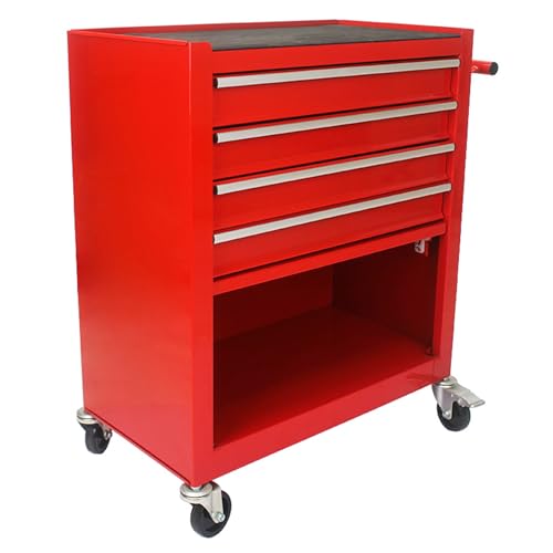 Red 4-Drawer Tool Cart w/Ball Bearing Drawers & Locking Casters - OSHA Industrial Rolling Cabinet, Powder-Coated Steel Garage Organizer w/Utility Tray - color: Red, size: 24.25 x 13 x 29.33
