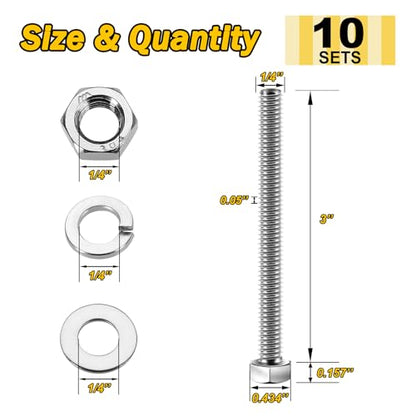 Mywish (10 Sets) 1/4-20x3 Hex Head Assorted Screws Nuts and Bolts with Flat & Lock Washers, 304 Stainless Steel 18-8, Fully Threaded, 1/4 Bolt Metric Bolt Assortment - size: 1/4-20 x 3 (10 set)