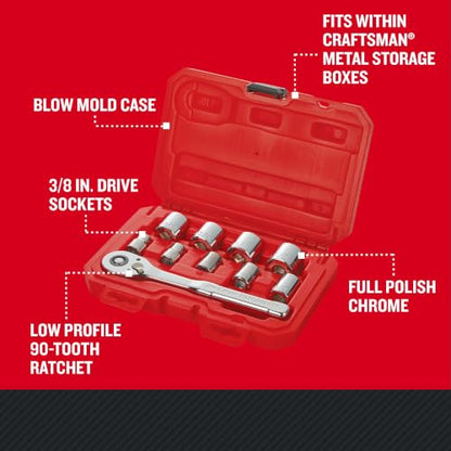 CRAFTSMAN 10 Pc Mechanics Tool Set with 90-tooth Low Profile Ratchet, SAE, 3/8 Inch Drive (CMMT34563)