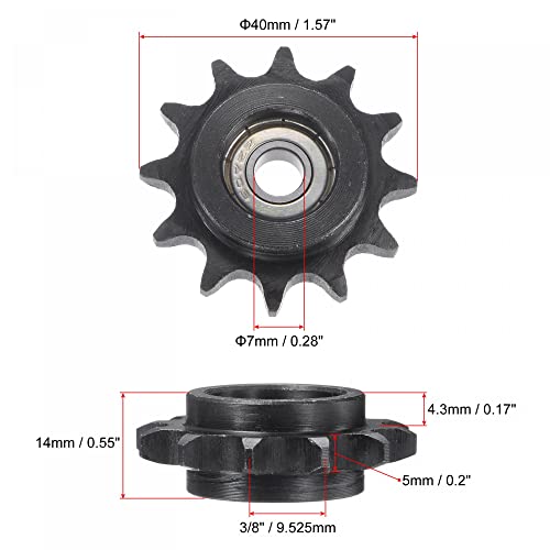 uxcell Chain Idler Sprocket, 7mm Bore 3/8" Pitch 12 Tooth Tensioner, Black Oxide Finish C45 Carbon Steel with Insert Single Bearing for ISO 06B Chains - size: 7mm