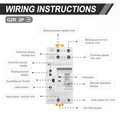63Amp 110V AC Mini ATS Automatic/Manual Transfer Switch, 2Pole G2R Solar Auto Dual Power Changeover Switch for Home, Din Rail Mounted 50/60Hz CE Certified for Rv, Lv, Cn Public/Backup Power