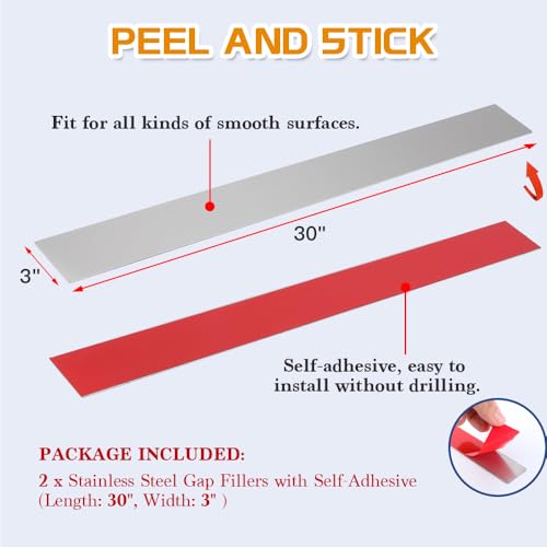 2Pcs 304 Brushed Stainless Steel Sheet Gap Filler, Metal Trim Strip for Wall Oven/Microwave Combo/Range/Cooktop, Self-Adhesive Gap Cover, 30 Inches Long, 3 Inches Wide - size: 3'' Wide