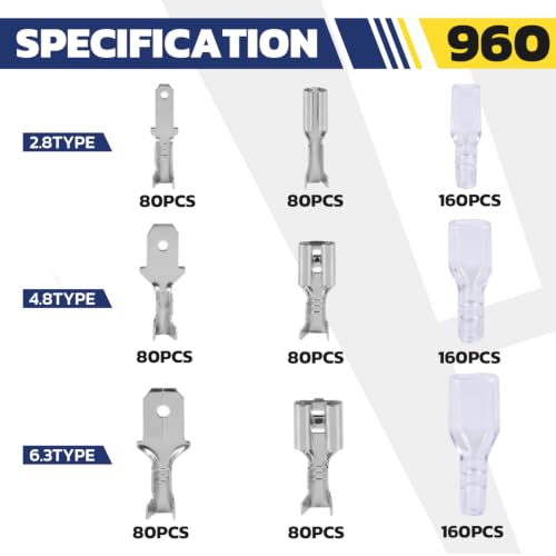 haisstronica 960 PCS Tinned Brass Open Barrel Spade Connector, 3 Widths - color: Silver, size: 960