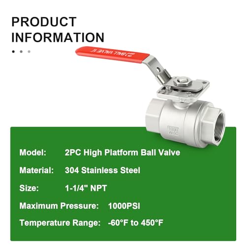 TAISHER 1PCS 1-1/4" FNPT Heavy Duty 2PC High Platform Ball Valve 304 Stainless Steel with Red Handles W0G1000 - size: 1-1/4" FNPT