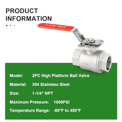TAISHER 1PCS 1-1/4" FNPT Heavy Duty 2PC High Platform Ball Valve 304 Stainless Steel with Red Handles W0G1000 - size: 1-1/4" FNPT