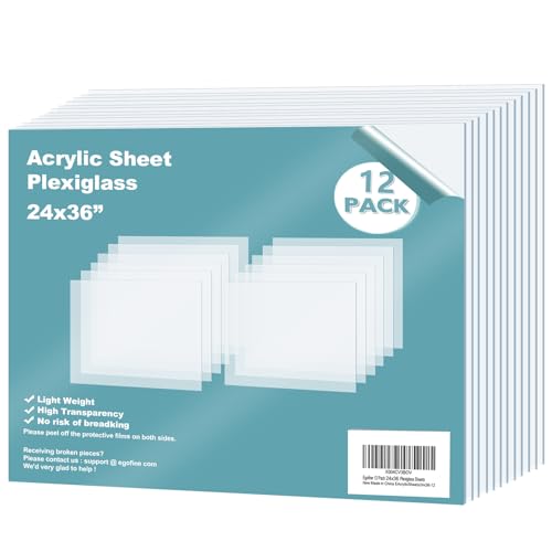 Egofine Plexiglass Sheets Acrylic Sheets 12 Pack of 24x36’’ 0.04 Thick Clear Plastic Cast Transparent Plexi Glass for Crafting Projects, Replacement Picture Frame Glass, DIY Display, Easy to Cut - color: Clear, size: 24x36"