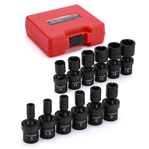 CASOMAN 1/4-Inch Drive Shallow Universal Impact Socket Set, Metric, 12 Pieces Set, 5mm to 15mm, 6-Point, Cr-Mo, Swivel Socket - size: 12 PC Metric 1/4" Dr. (Shallow)