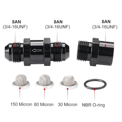 8AN Inline Fuel & Oil Feed Filter Set with 30 80 150 Micron Elements Aluminum Black - size: 8AN