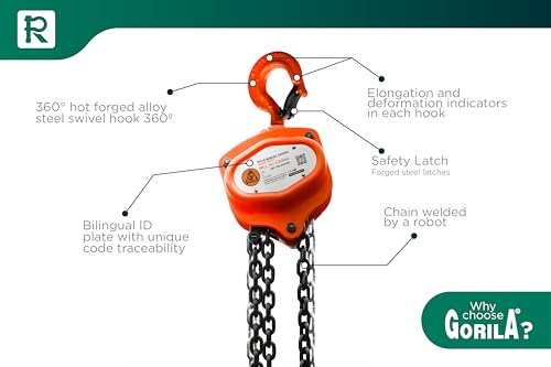 GORILA Hand Chain Hoist with 2 Heavy Duty Hooks and Forged Locks | 2200LBS - 10FT (1 Ton - 3 Meters) | Safety Factor 4:1 | Since 1989 - size: 2200lbs - 10ft / 1t - 3m