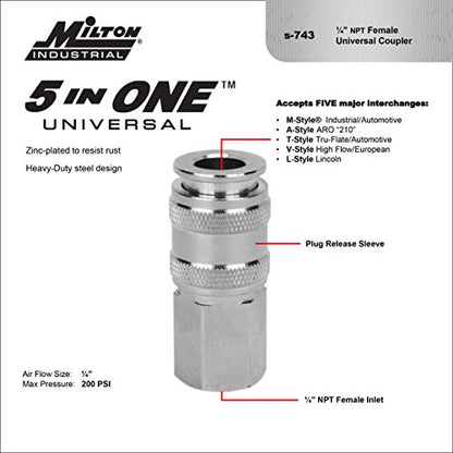 Milton 5 In ONE Universal Quick-Connect Coupler, 1/4" FNPT
