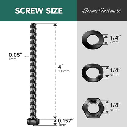 1/4-20 x 4 Hex Head Bolts Screws with Nuts, Flat & Lock Washers, 304 Stainless Steel Bolts and Nuts External Hex Drive Black Oxided 1/4 Bolt (10Sets) - color: Black, size: 1/4 x 4"
