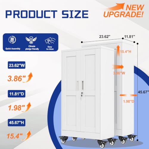 GAIOUS Metal Garage Storage Cabinet with Lock and Wheels, 45.7" Tall Metal Storage Cabinets with Locked Door and 3 Adjustable Shelves, Rolling Tool Cabinet, Utility File Cabinet for Home Office, White - color: White, size: 11.81"D x 23.62"W x 45.67"H
