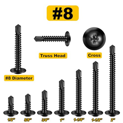 Mywish 650Pcs #8×1/2" Black Self Tapping Screws for Metal, 410 Black Metal Screws Oxide Stainless Steel Truss Head Self Drilling Screws High-Strength - color: Black, size: #8x1/2" (650 pcs)