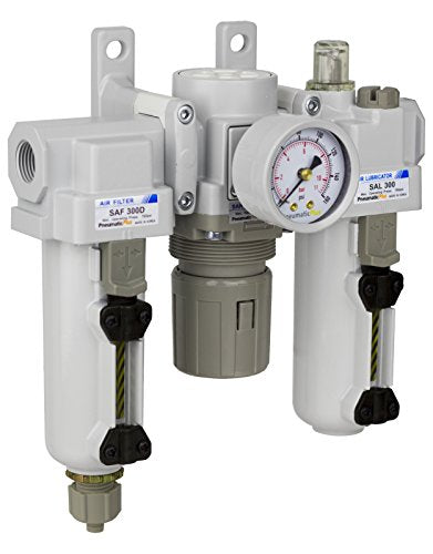 PneumaticPlus SAU300-N03G-MEP Compressed Air Filter Regulator Lubricator Combo 3/8" NPT - Metal Bowl, Manual Drain, Bracket, Gauge - style: Metal Bowl - Manual Drain