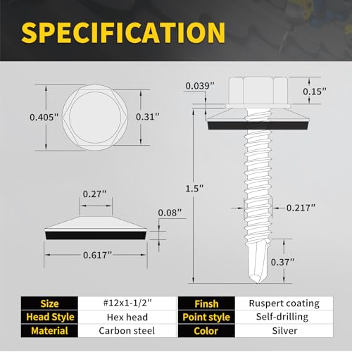 Metal Roofing Screws #12 x 1-1/2", 300 PCS, FIXLINK RUSPERT Hex Head Rubber Washer Sheet Metal Roof Screws Self Drilling Metal to Wood Siding Screws, Hex Socket Included, Silver - color: Silver, size: #12 x 1-1/2"