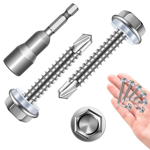 Self Tapping Screws for Metal 50Pcs #10 x 1-1/4", 410 Stainless Steel Hex Head Sheet Metal Screws, Self Drilling Screws for Metal, High-Strength Quick Self-Tapping Screws by Marysino - color: Silver (#10), size: 1-1/4"