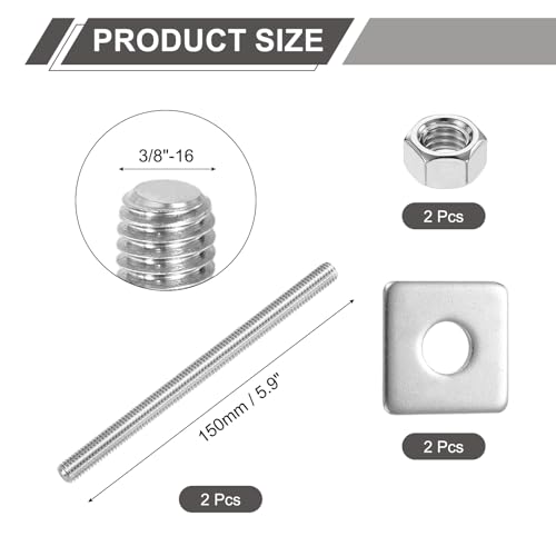 uxcell 3/8"-16 UNC Fully All Threaded Rod, 2 Pcs 304 Stainless Steel Long Threaded Screw 5.9" Length Right Hand Threads with Square Washers for Furniture Mounting Assembly Fastening - size: 5.9"