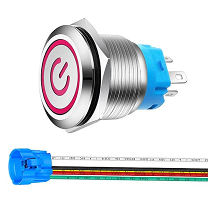 Gebildet 0.87''/22mm Stainless Steel Latching Push Button Switch 12V-24V/5A Power Symbol LED ON/Off 1NO1NC SPDT Waterproof Toggle Switch with Wire Socket Plug (Red LED) - color: red /12-24V