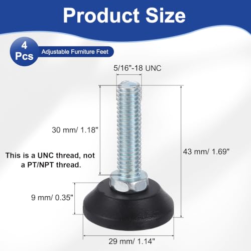 uxcell 5/16"-18 Thread Furniture Feet Levelers, 4Pcs 30mm l Adjustable Furniture Feet Screw in Threaded Leveling Leg Screw on Chair Foot Glides Leveling for Table Chair Cabinet Black - size: 5/16"-18 30mm