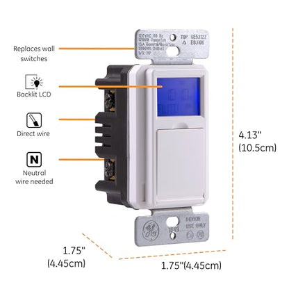GE 7-Day in-Wall Digital Timer Switch, Auto Adjust Sunrise/Sunset Times