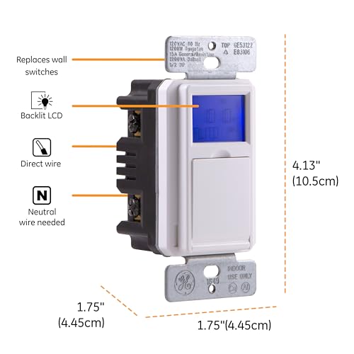 GE 7-Day in-Wall Digital Timer Switch, Auto Adjust Sunrise/Sunset Times