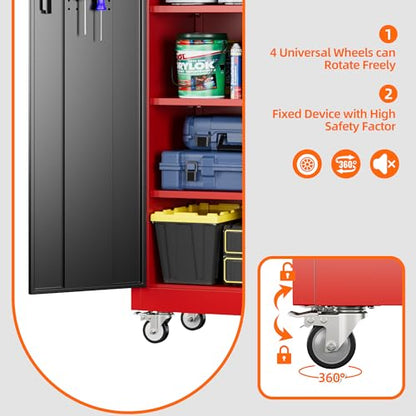 Aobabo Metal Garage Storage Cabinet with Wheels, 34" W x 18" D x 71" H,Red - color: Black Red, size: 18"D x 34"W x 71"H