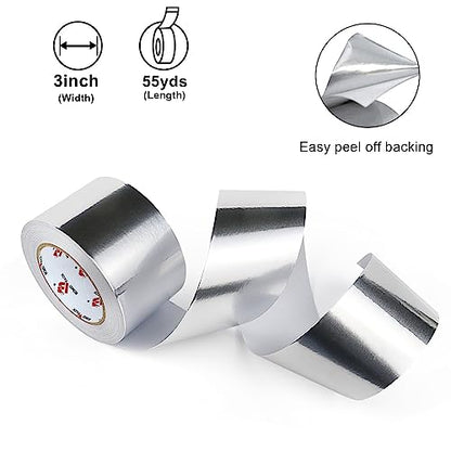 BOMEI PACK Aluminum Foil Tape,Heavy Duty Metal Duct Tape,High Temperature Silver Tape,Perfect for Sealing & Patching,HVAC,Air Ducts,Insulation and Metal Repair (3 Inch) - size: 3 Inch x 55 yards