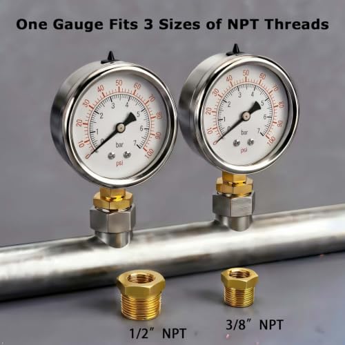 YSIL 1/4 NPT Liquid Filled Pressure Gauge w/ 3/8 NPT 1/2 NPT Adapter 100Psi - size: 0-100 psi