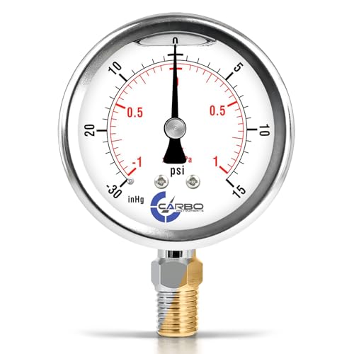 Compound Pressure Gauge -30 inHg to 15 PSI, Liquid Filled, 2.5" Dial, 1/4 NPT Lower Mount, 304 Stainless Steel Case, Brass Wetted Parts, PSI/inHg - ASME B40.1 Grade A - size: -30inHg / 0 / +15Psi, style: STANDARD